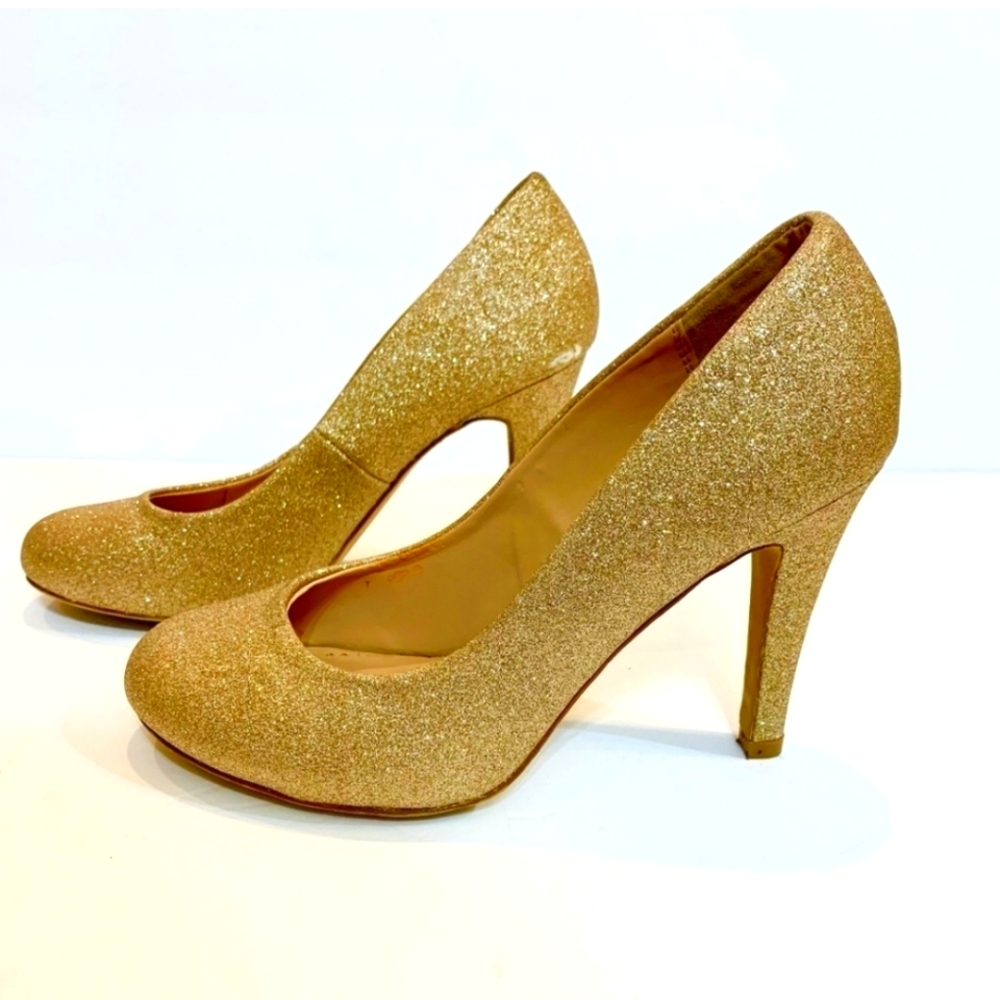 Kelly & Katie Elegant Larissa Gold Glitter Heels, Size 6.5